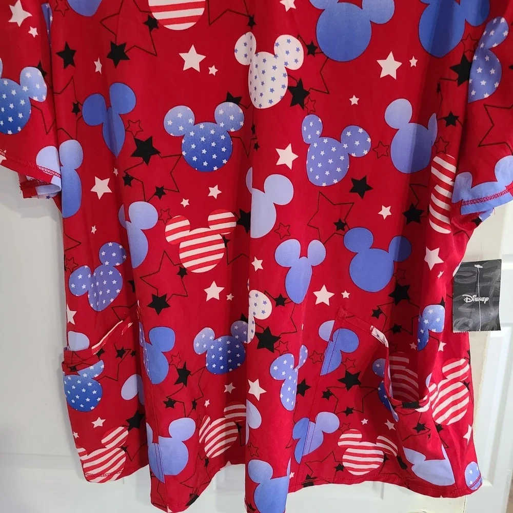 Disney ‎ Mickey Mouse Red, White & Blue Scrub Top 3XL STRETCH PATRIOTIC 3 POCKET